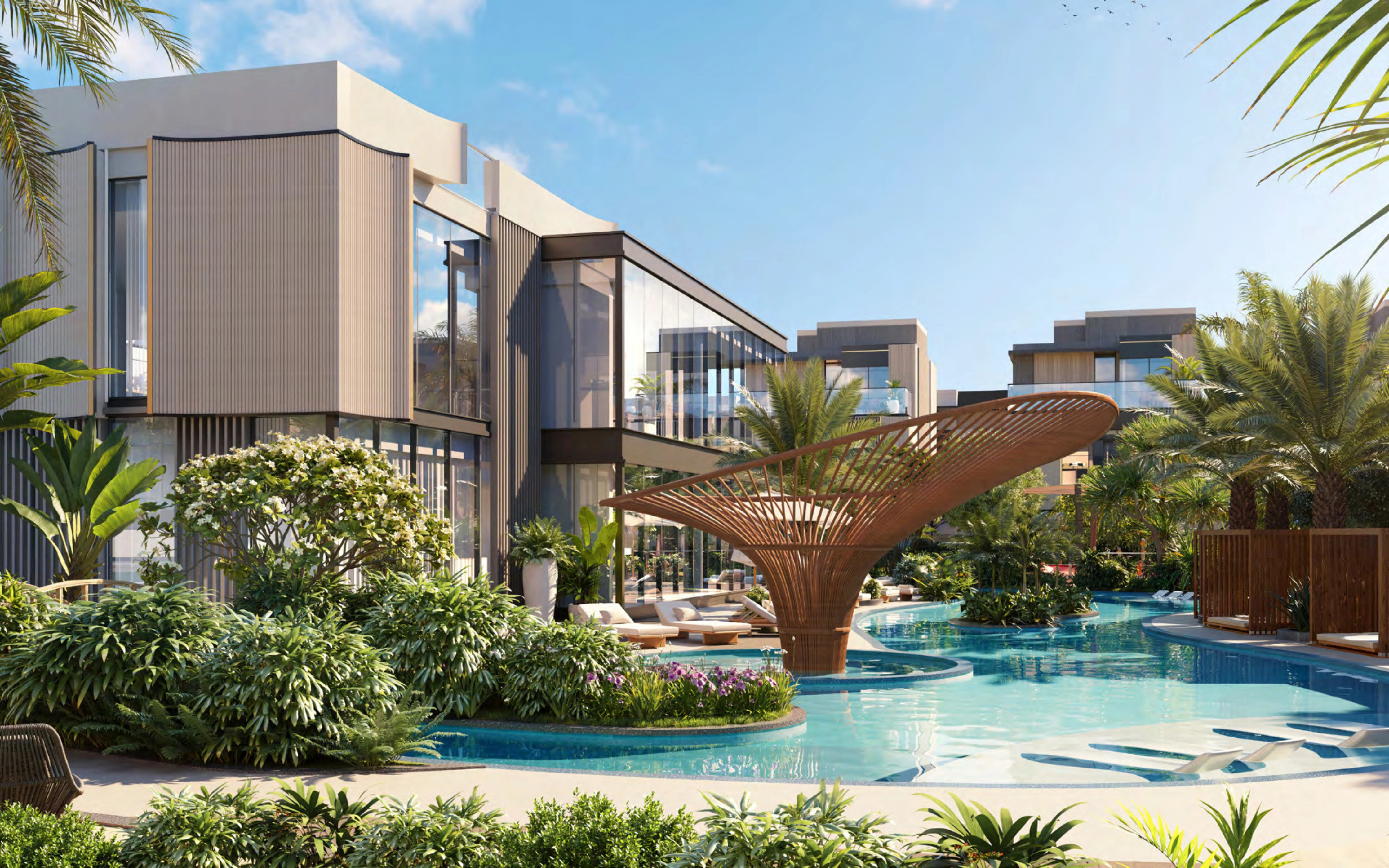 Ellington resort pool, clubhouse facade and landscaped grounds