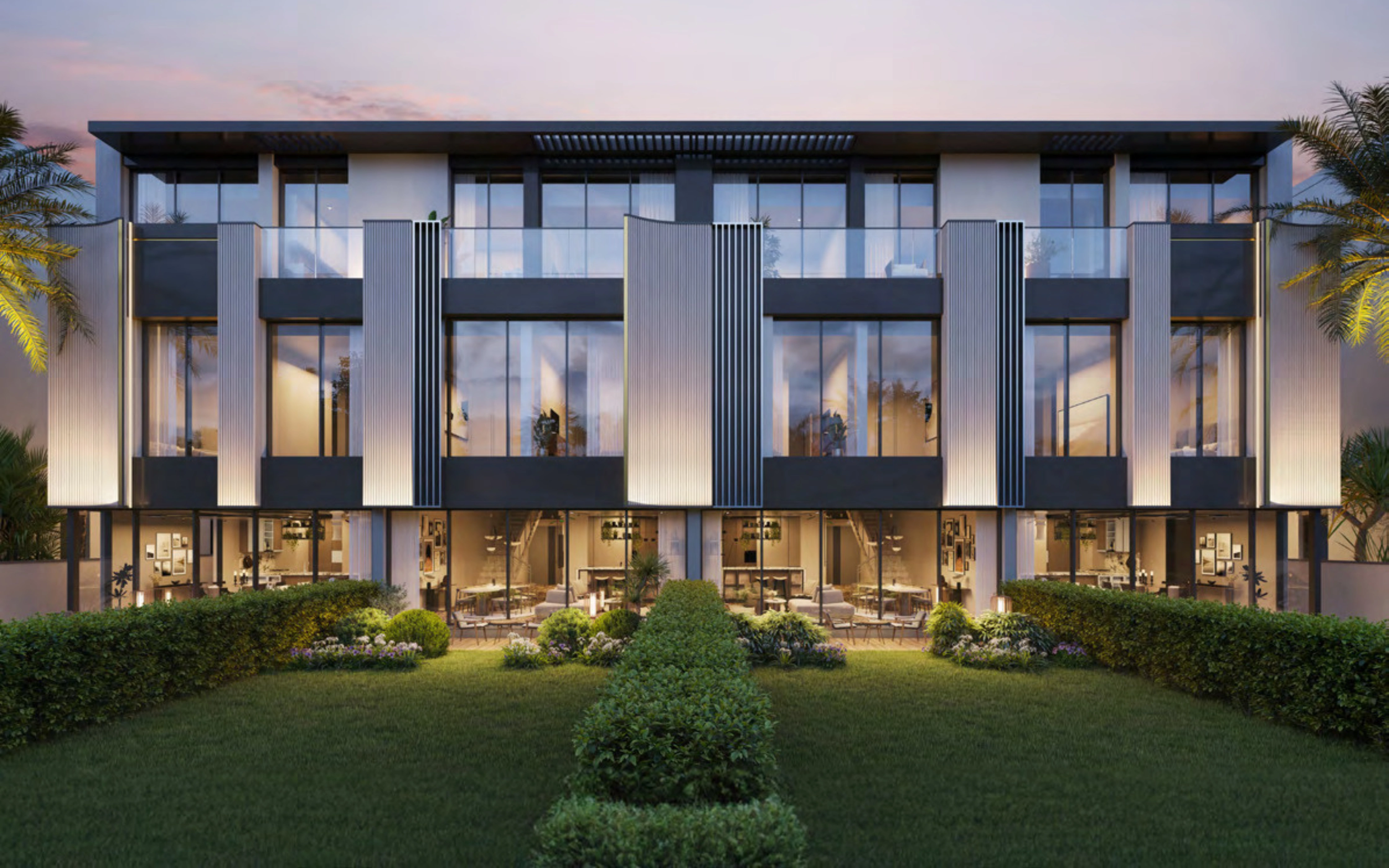 Ellington townhouse rear facade with private landscaped garden buffer