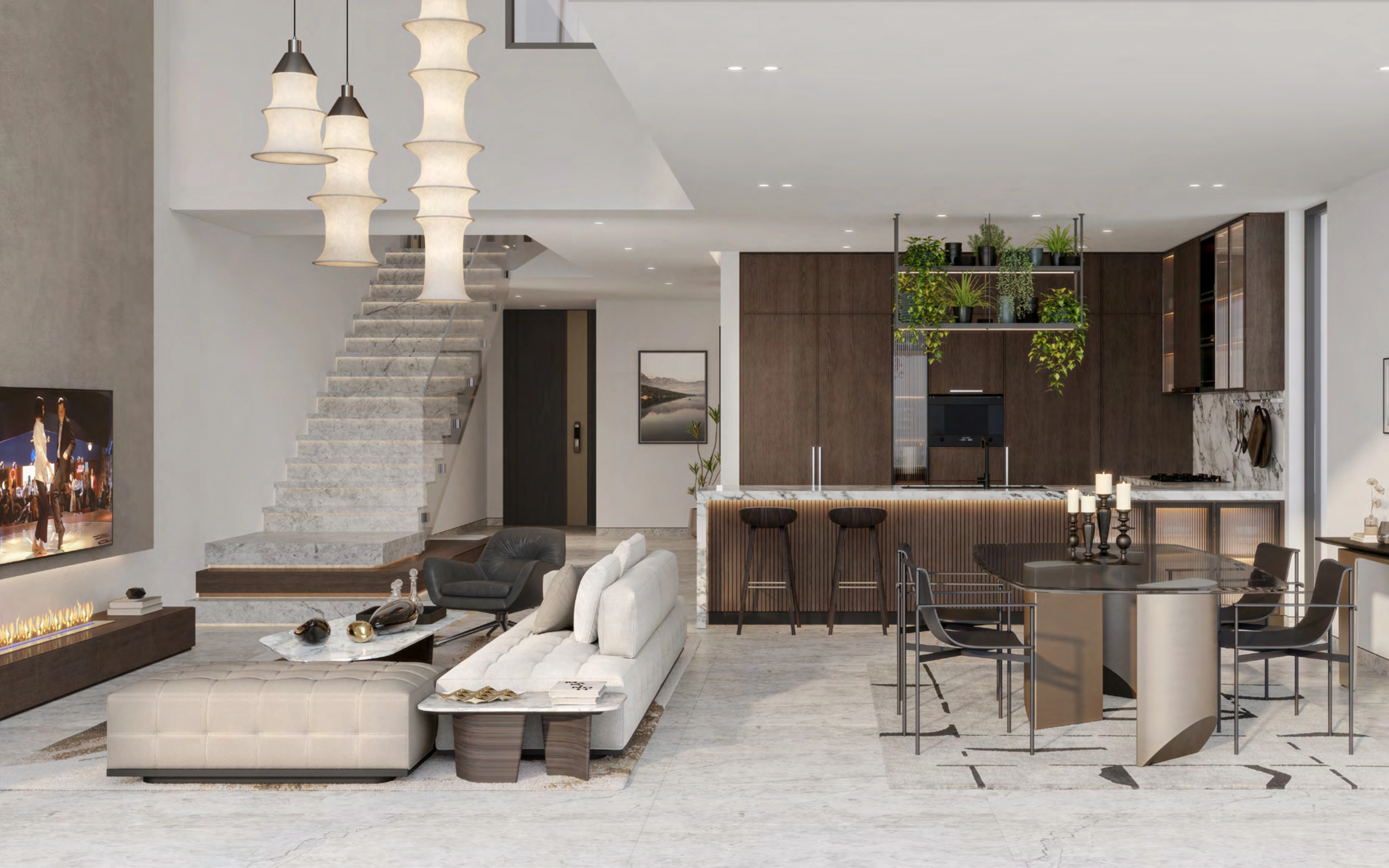 Ellington open-plan luxury living and dining area with grand staircase
