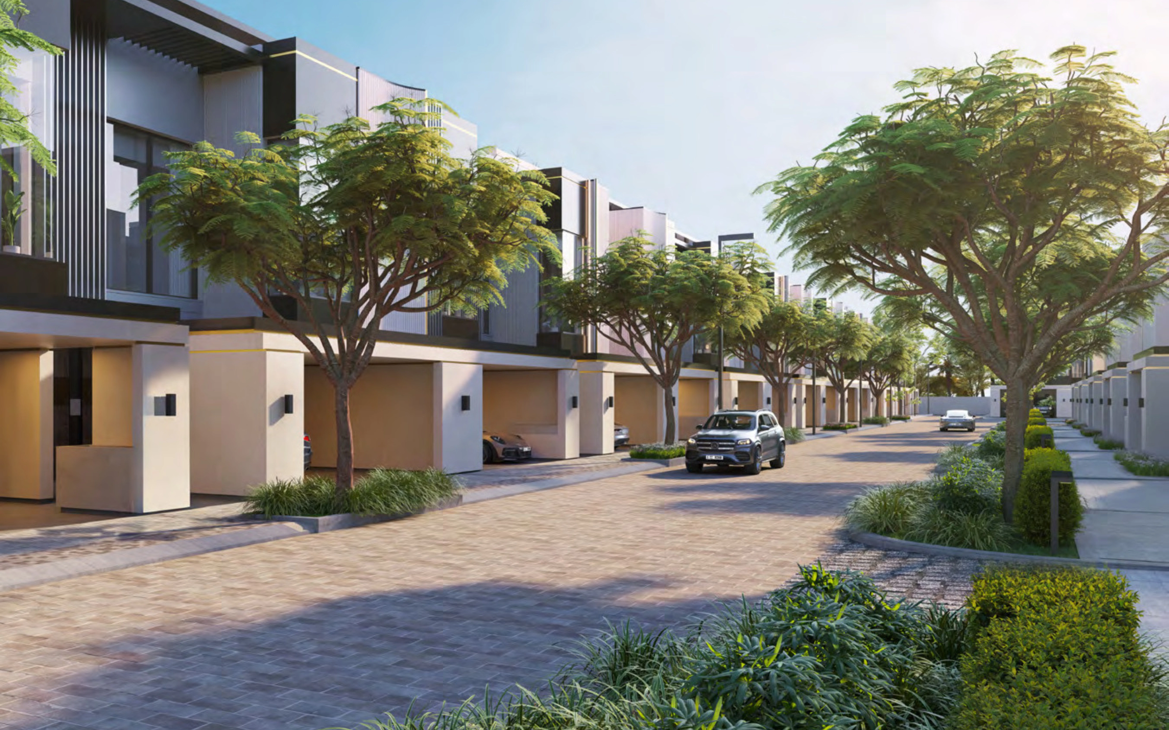 Ellington tree-lined residential boulevard and private townhouse carports